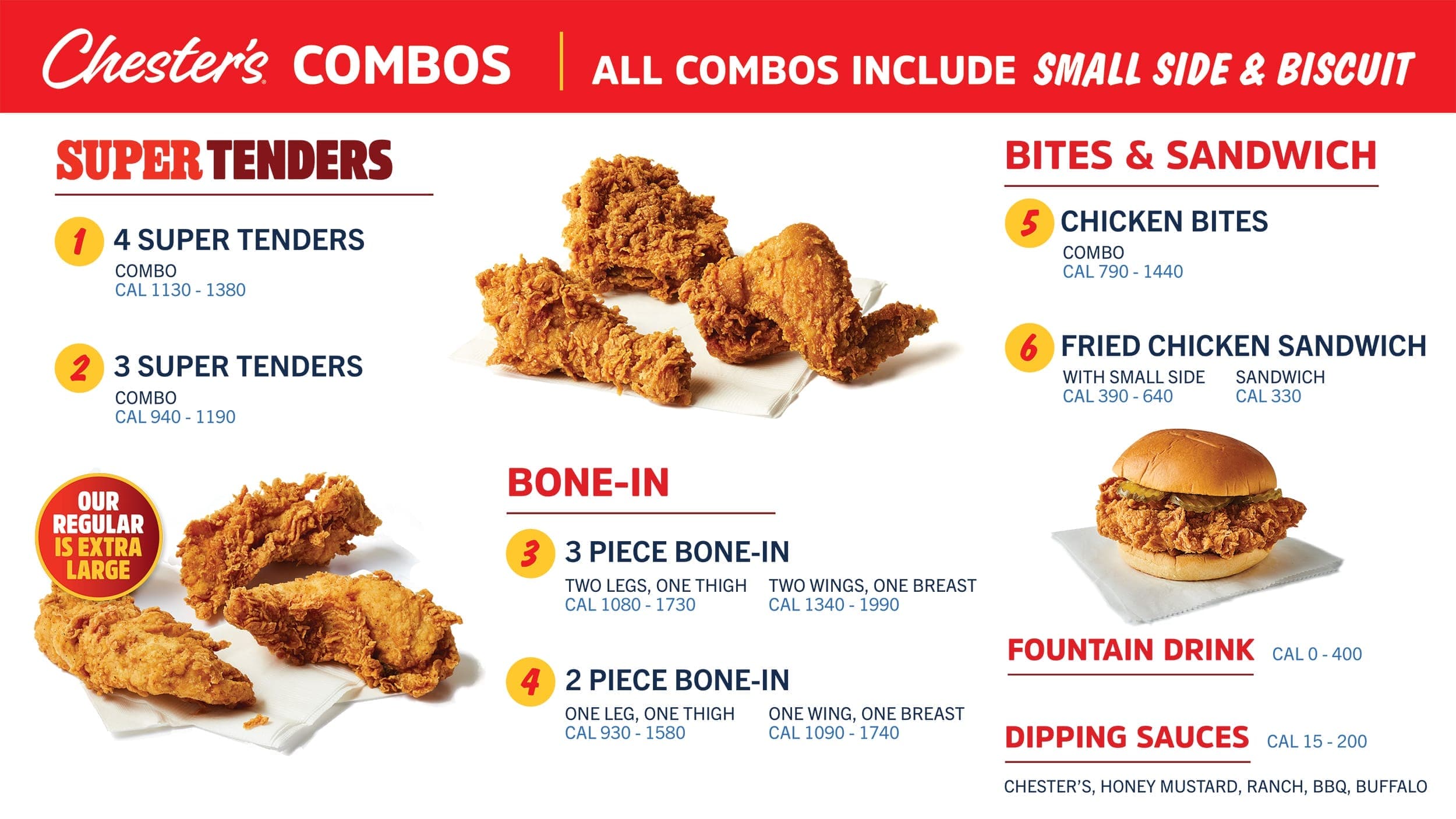 Chester’s Chicken combos, tenders, bone-in chicken, bites, and sandwich menu panel