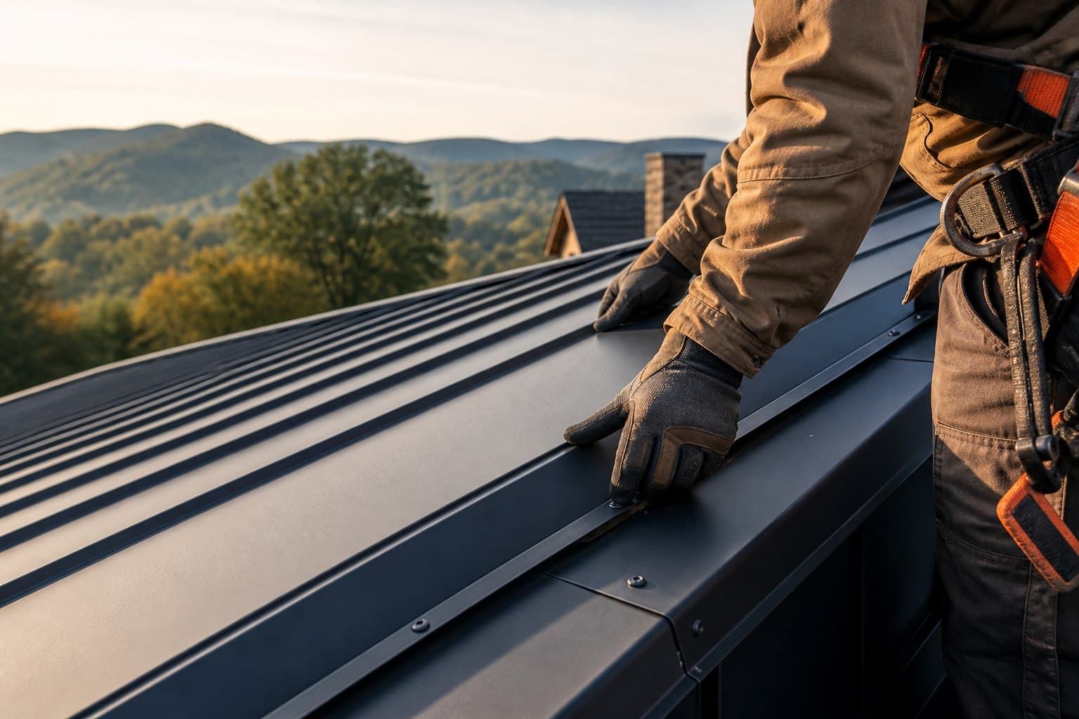 Roofing professional aligning a standing-seam metal roof panel