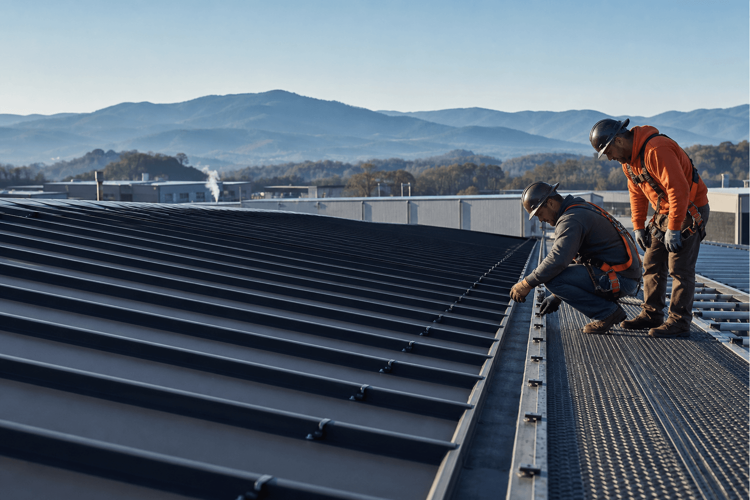 Roof professionals inspecting a commercial standing-seam metal roof