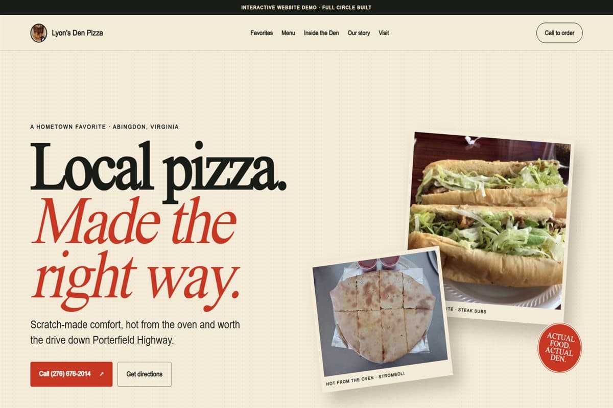 Preview of the Lyon's Den Pizza demo website
