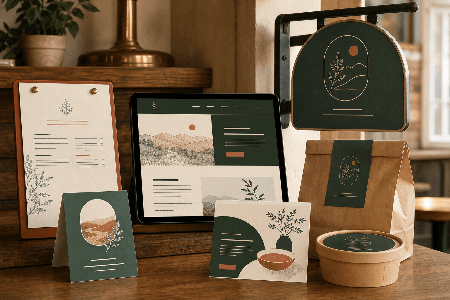 Concept presentation for a neighborhood restaurant showing a website, menu, storefront sign, packaging, and table cards