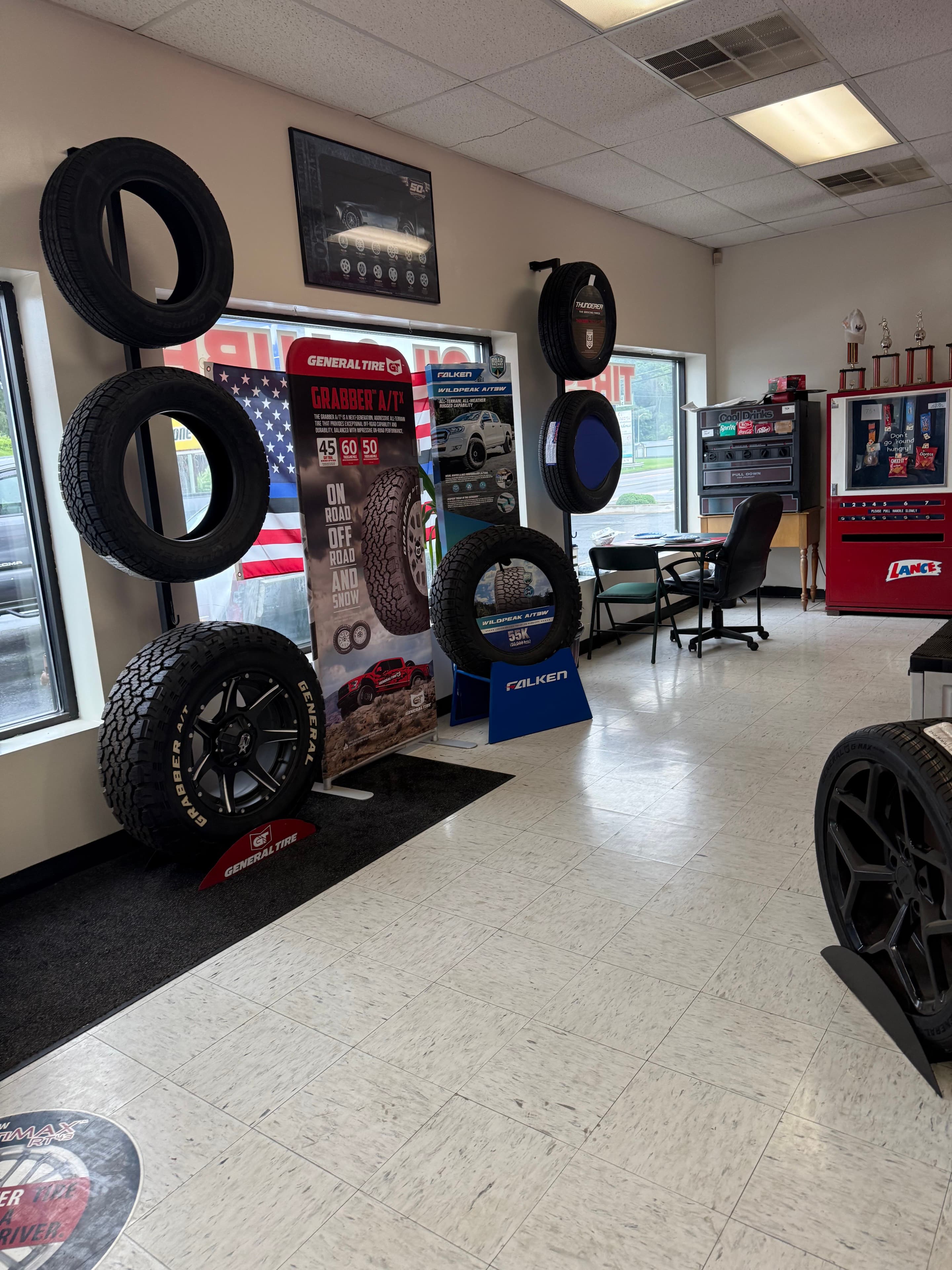 Tire displays and customer area inside Sam Snead Tire