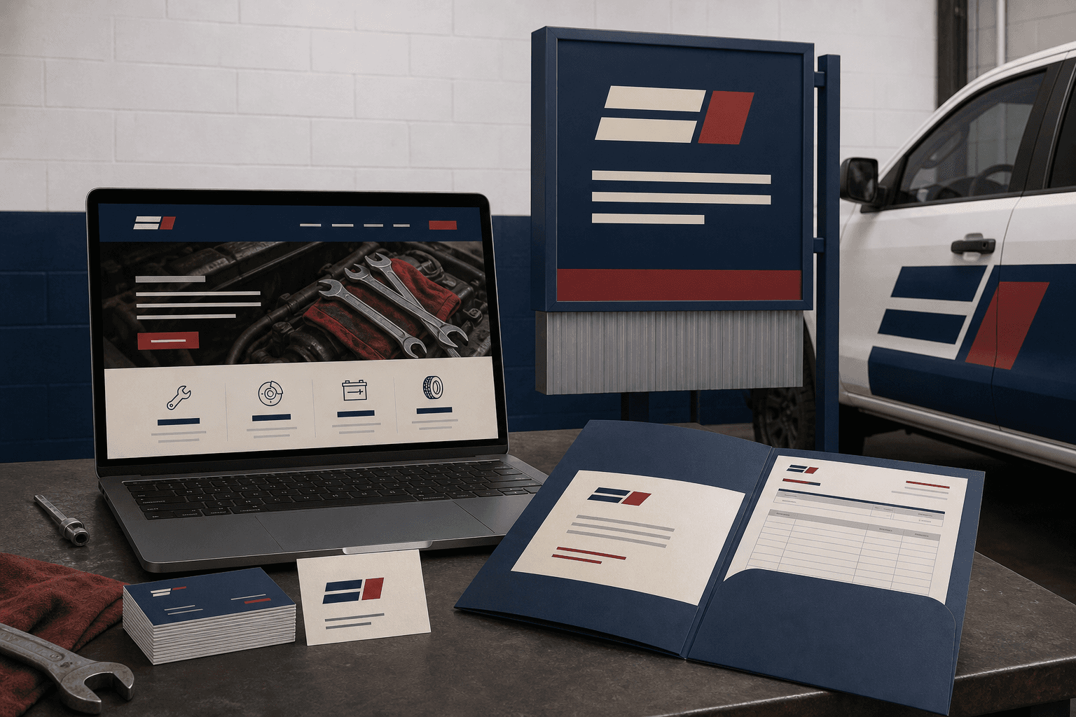 Concept presentation for a vehicle repair shop showing a website, sign, estimate folder, cards, and vehicle graphic