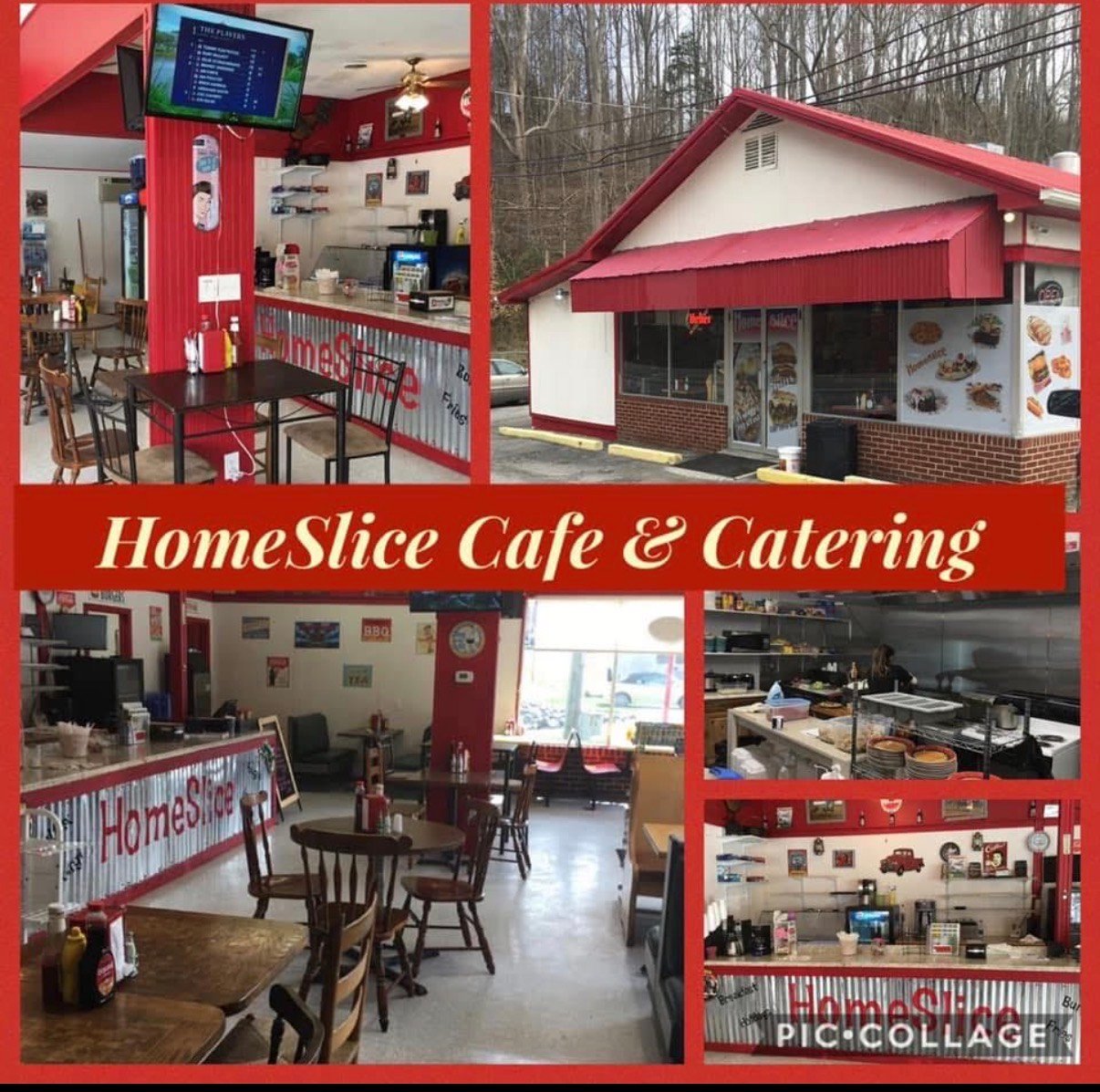 HomeSlice Cafe dining room, kitchen, counter, and exterior