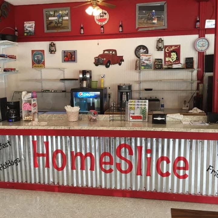 HomeSlice Cafe's friendly red and tin counter